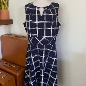 NWT Navy Blue Window Plaid Liz Claiborne A-line Midi Dress Business Casual 16